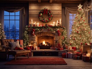 living room decorated with christmas lights, rustic naturalism, bright and vivid colors, fanciful elements, whistling, fireplace, presents, Christmas tree, Christmas presents