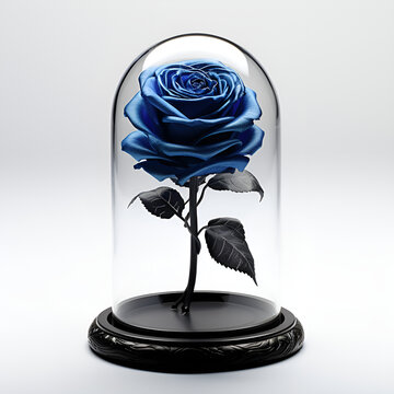 A blue rose in a glass flask, an ever-living flower. The perfect gift for mother's day, valentine's day, anniversary or birthday