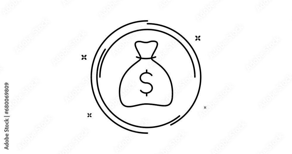 Poster money bag animated outline icon with alpha channel. money bag rotation appearance 4k video animation
