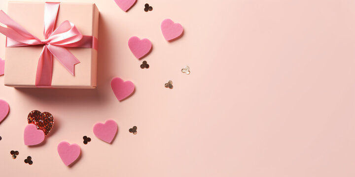 Valentine's Day concept. Top view photo of gift boxes ribbon heart shaped candles and sprinkles on isolated light pink background with empty space