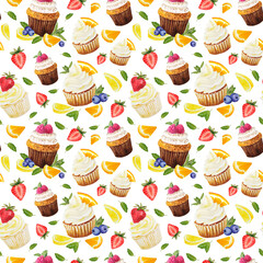 Watercolor seamless pattern of sweet cupcakes with fruits. Cliparts isolated for different cafe menu or food designs