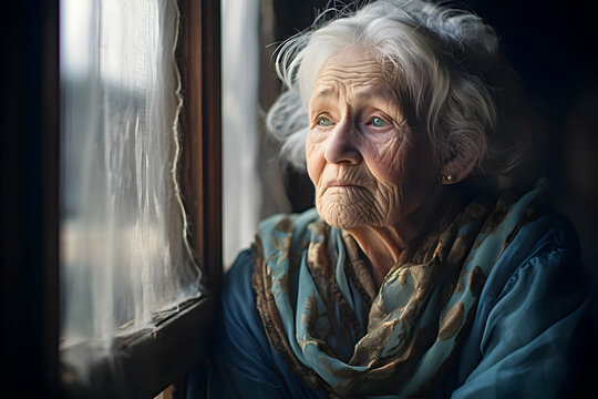 An old senior lady sitting by the window. Sad lose hope in life. Mental health issues. 