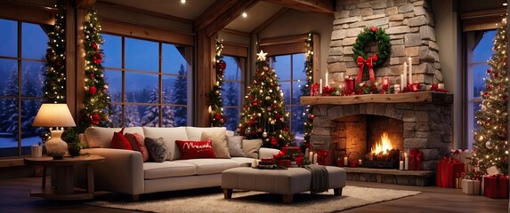 living room decorated with christmas lights, rustic naturalism, bright and vivid colors, fanciful elements, whistling, fireplace, presents, Christmas tree, Christmas presents - obrazy, fototapety, plakaty