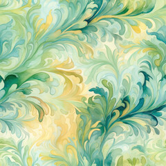 Fototapeta na wymiar Watercolor seamless background, brocade swirls, muted colors, greens, blues and golds