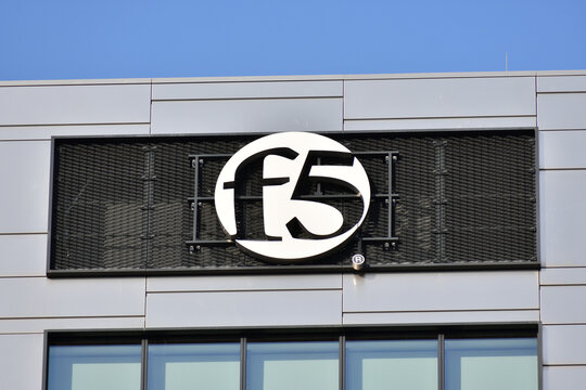 F5 Networks emblem, logo, signage on the facade. Global IT corporation. WARSAW, POLAND - MAY 21, 2023