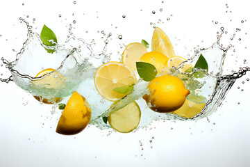 lemon and lime in water splash. Generative AI