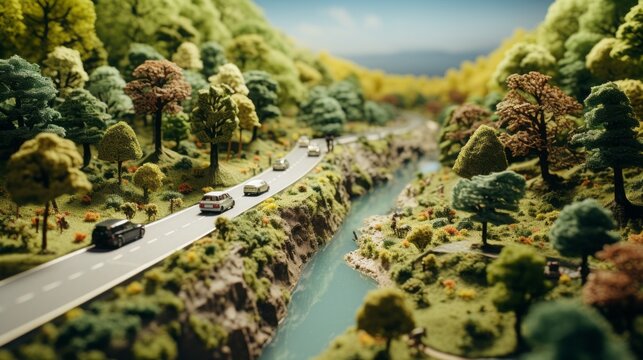 layout of a road in a forest with cars and trees.