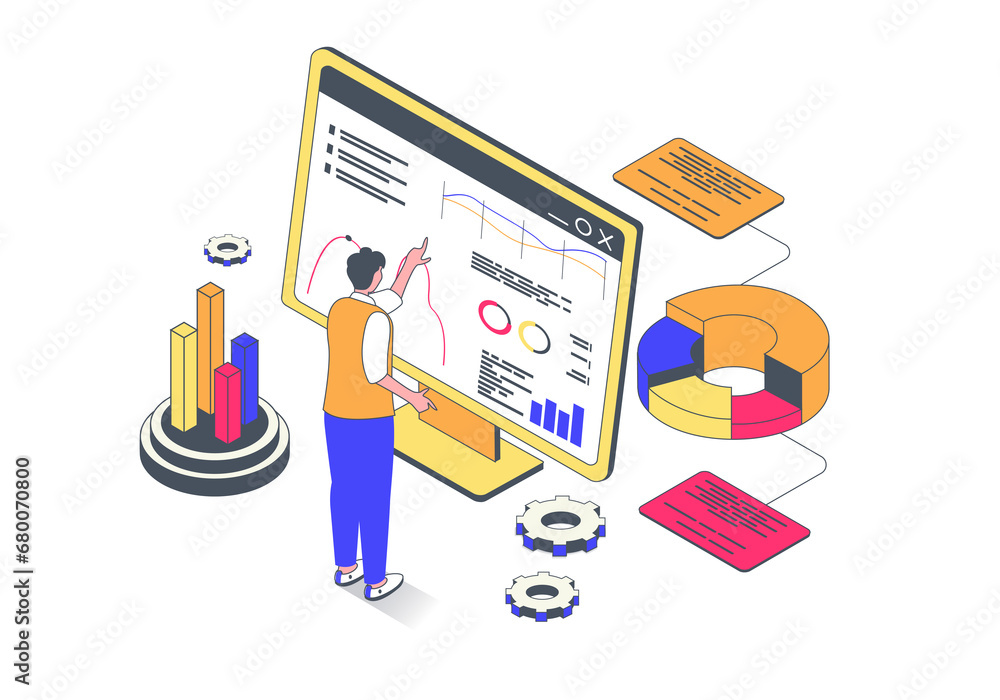 Aufkleber data analysis concept in 3d isometric design. man making statistics research, works with graph and c