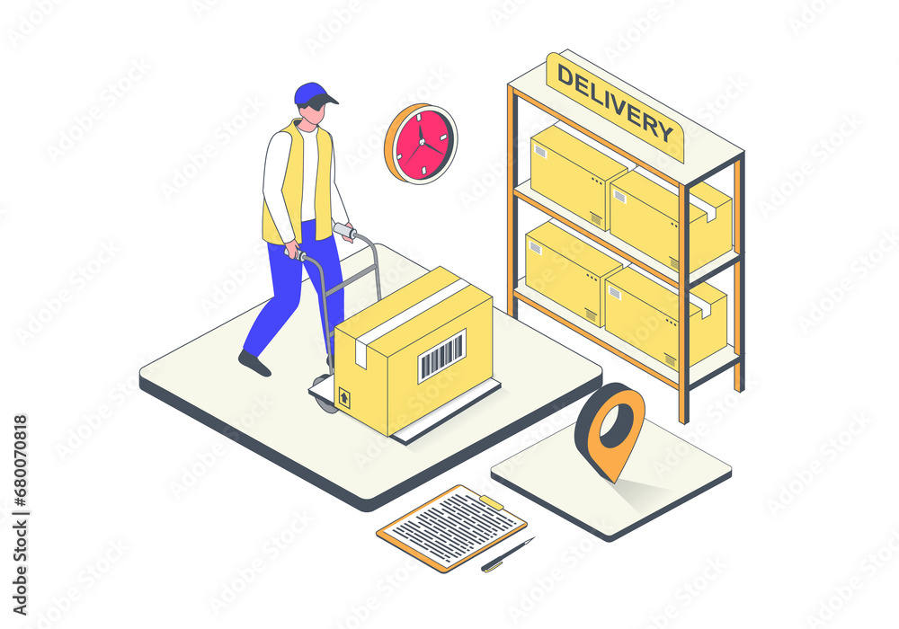 Leinwandbilder delivery service concept in 3d isometric design. man working in logistic company, loading parcel box