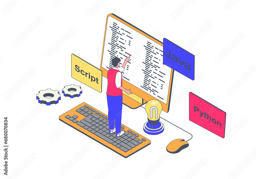 Poster Programming concept in 3d isometric design. Man working with code, coding Python language, writes scripts, develops software and apps. Illustration with isometry people scene for web graphic.