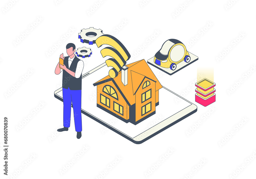 Poster smart home concept in 3d isometric design. man monitoring house system automatization performances, 