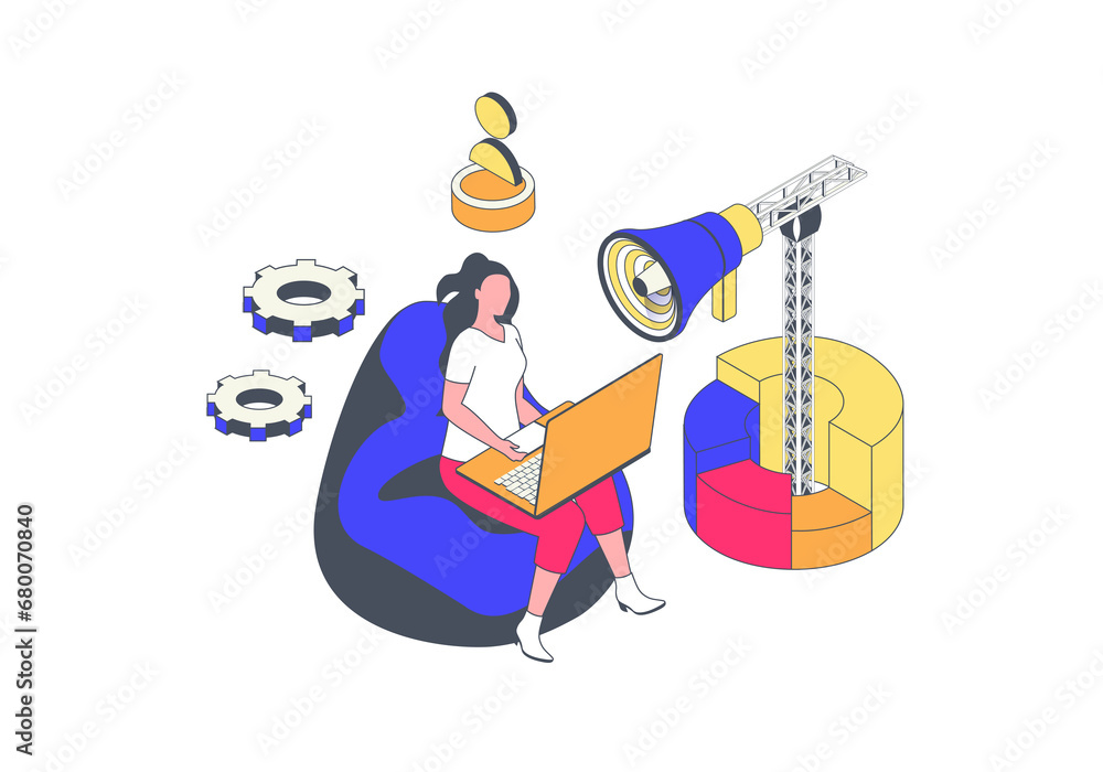 Aufkleber marketing concept in 3d isometric design. woman promoting business online, making digital advertisin