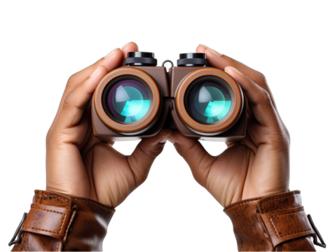 Two Hands Holding Binoculars Isolated on Transparent or White Background, PNG