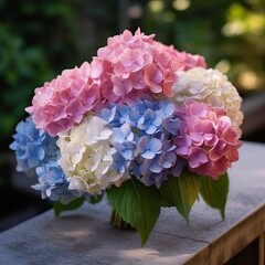 Beautiful  Hydrangea  flowers in a vase on stone surface on blurred  green background. Illustration of pink, blue and  white Hydrangea flowers in vase overlooking the green garden