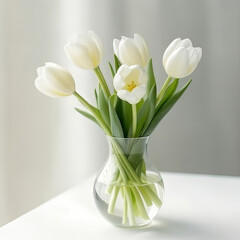 Bouquet of fresh white tulips flowers in a vase by a window. Beautiful tulips in a clear glass vase with water  in the bedroom.  Art composition of fresh tulips in beautiful glass vase.