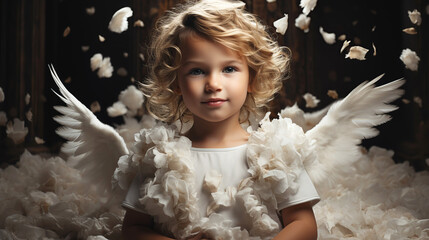 cute boy angel cupid with white wings on a festive decorated background. Valentine's Day Greeting Card