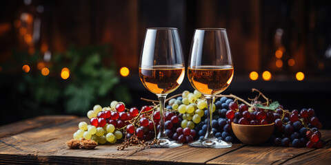 Naklejka na ściany i meble Two glasses of wine, grapes on a beautiful wooden background with golden bokeh. Banner. Copy space for text