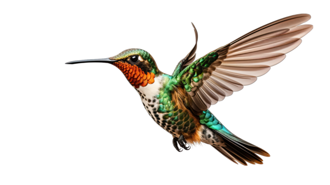 Hummingbird in Mid-Flight Isolated on Transparent or White Background, PNG