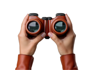 Two Hands Holding Binoculars Isolated on Transparent or White Background, PNG