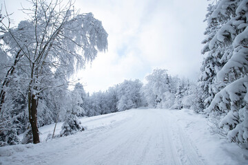 Górzysty krajobraz zimowy, biały śnieg, Beskidy