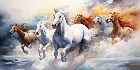 A group of galloping white and brown wild stallions, watercolor illustration.