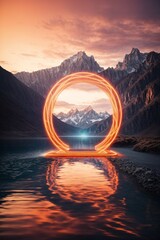 Glowing portal in the middle of a beautiful mountain lake