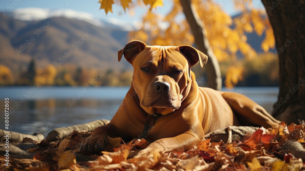 Wall mural A Content Mixed-Breed Dog Resting By A Lakeside  , Background For Banner, HD