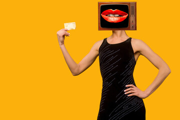 Contemporary minimal retro collage art. Retro Tv lady holds a gold credit card in his hand
