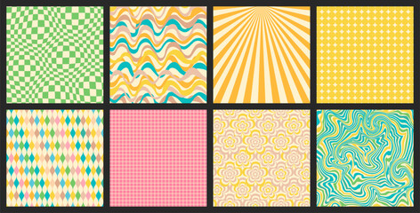 Groovy backgrounds set. Retro groovy collection. 60s and 70s groovy style. Hippie backgrounds. Psychedelic funky. Y2k trendy style. Nostalgia for the 70s.