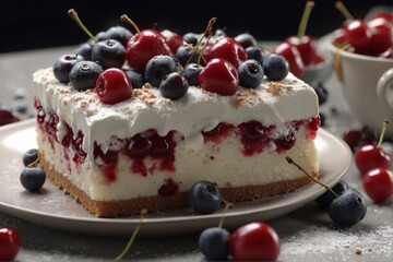 Festive cheesecake with yogurt cream and forest berries