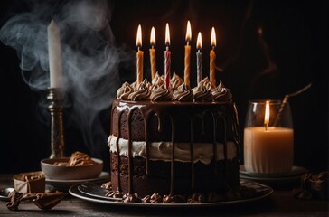Festive sponge chocolate cake with candles - obrazy, fototapety, plakaty