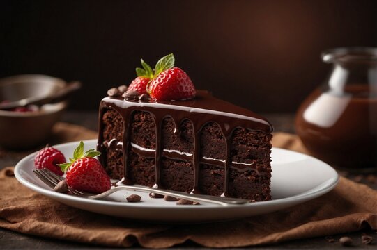 Piece of sponge chocolate cake with chocolate glaze