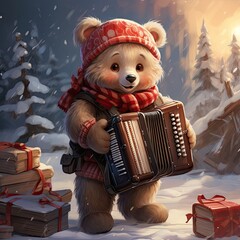 teddy bear with christmas gifts - obrazy, fototapety, plakaty