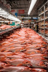 Fresh fish on the shelves in a grocery supermarket: a wide selection.