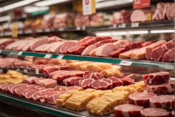 Various varieties of fresh meat on the shelves in a grocery supermarket: a wide selection.