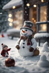 Fototapeta premium A snowman on a winter street on the background of a house