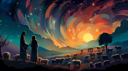 Shepherds in the field looking at the sky. Nativity of Jesus. Christmas concept. - obrazy, fototapety, plakaty