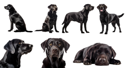 Black Labrador Retriever dog puppy, many angles and view portrait side back head shot isolated on transparent background cutout, PNG file