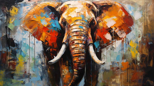 The painted elephant in oil on canvas. Contemporary