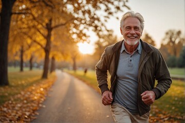 Elderly Man with Grey Hair Running in a Sunny Autumn Day at a City Park. Yellow and Orange Leaves