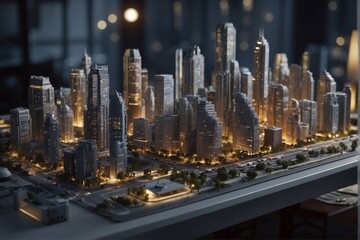 Realistic Illuminated Model of a City Block with Multistory Buildings.