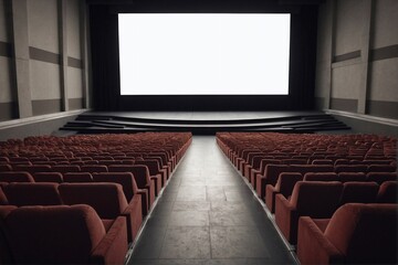 Empty Movie Theater without Audience, White Screen, Cleanliness and Order before a Screening. - Powered by Adobe