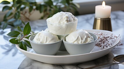 Fototapeta na wymiar Vanilla ice cream on a light plate. Creamy dairy products on a light, clean plate.