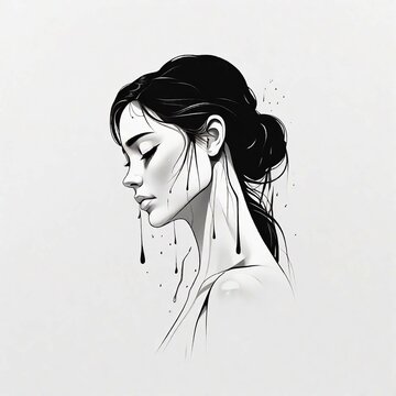 This 8K high-resolution image captures deep sadness with a minimalist side profile illustration of a woman shedding tears, using clean lines and a black-only palette against a white background.