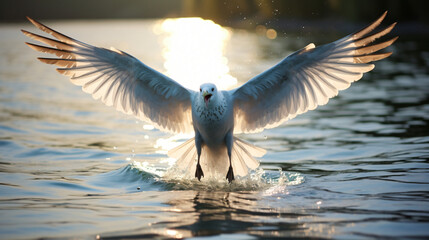 The seagull spread its wings on the surface