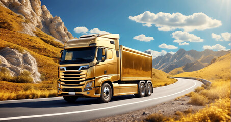 Golden Truck on a Mountain Road on a Sunny Day