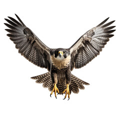 Fototapeta premium front view of Peregrine Falcon bird with wings open and landing isolated on a white transparent background 