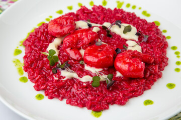 shrimp with beans and herbs in red sauce, side view