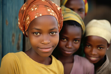 Portrait of three African girls in a rural village in Africa in headscarf - obrazy, fototapety, plakaty