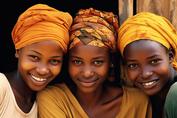 Portrait of three happy African girls in a rural village in Africa in headscarf - obrazy, fototapety, plakaty